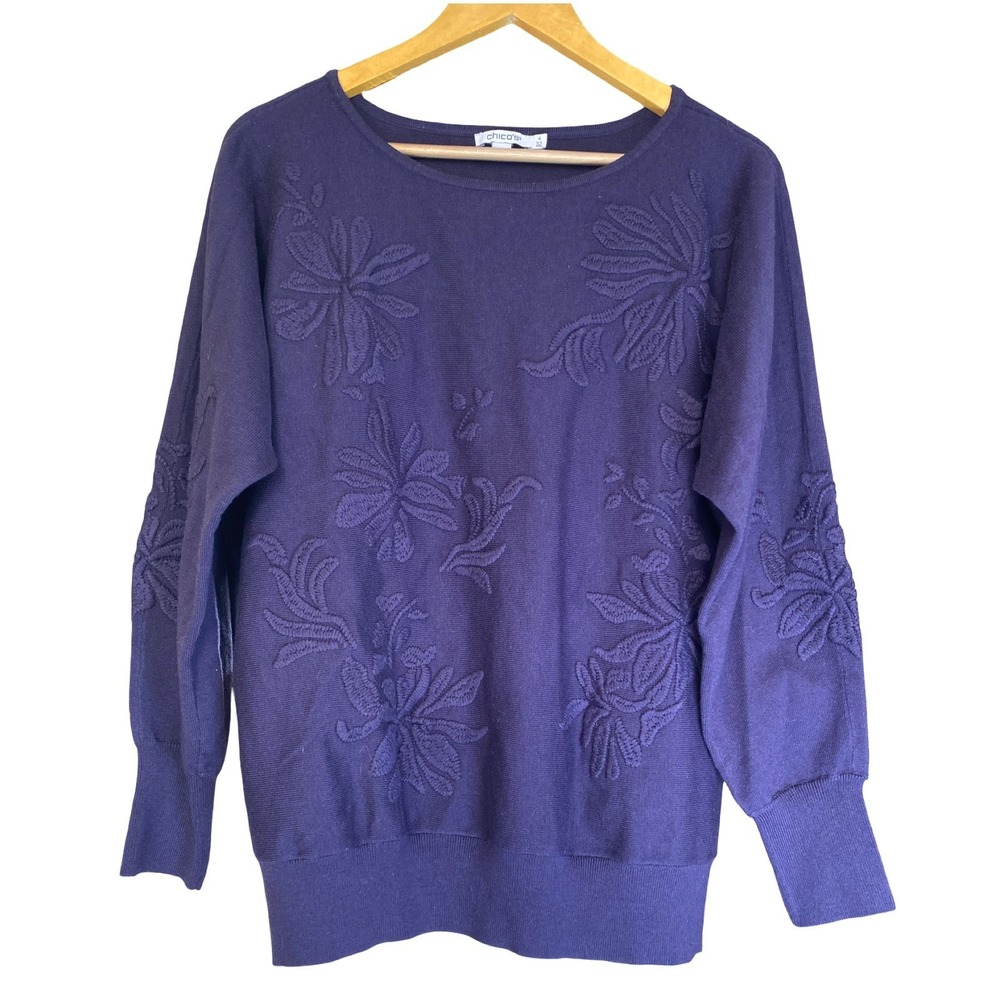 Chico's Sweater Size 4 XXL Purple Embroidered Floral Knit Ribbed Hem Cozy EUC